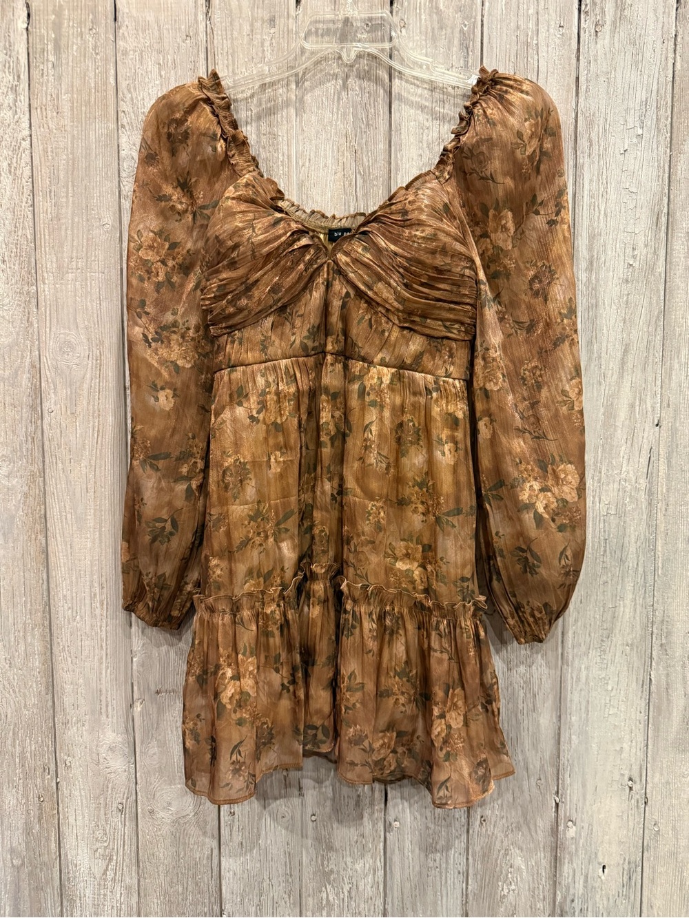 Blu Pepper Brown Floral Long Sleeve Tiered Mini Dress